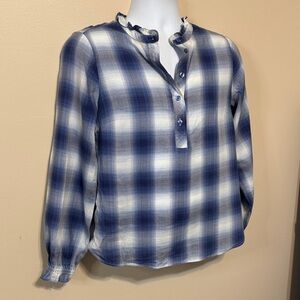 Talbots Blue and White Plaid Ruffle-Neck Henley Blouse. Size Medium Petite